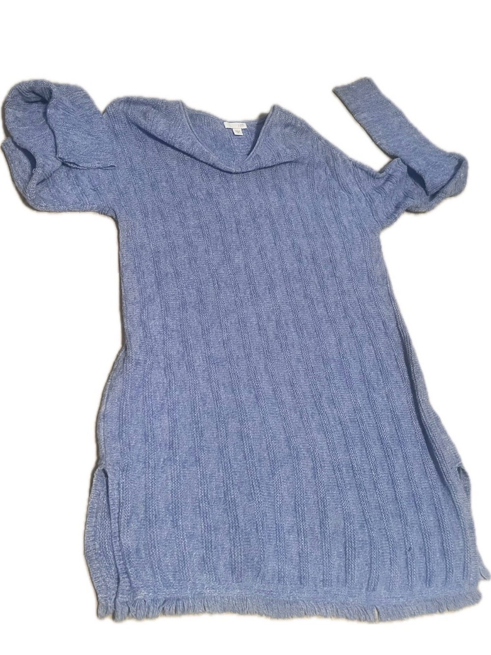 J.Jill Blue Cowl Neck Ribbed Knit Tunic Sweater Fringe Hem XS
